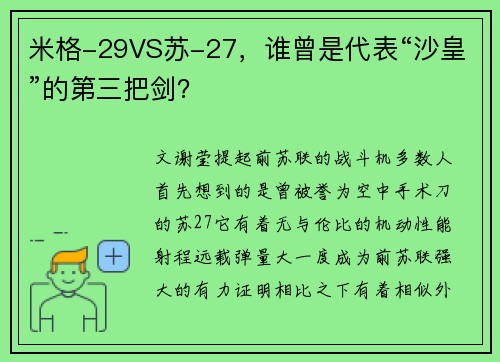 米格-29VS苏-27，谁曾是代表“沙皇”的第三把剑？